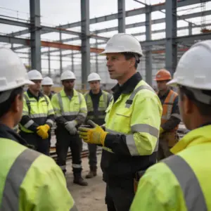 toolbox meeting at industrial site workers